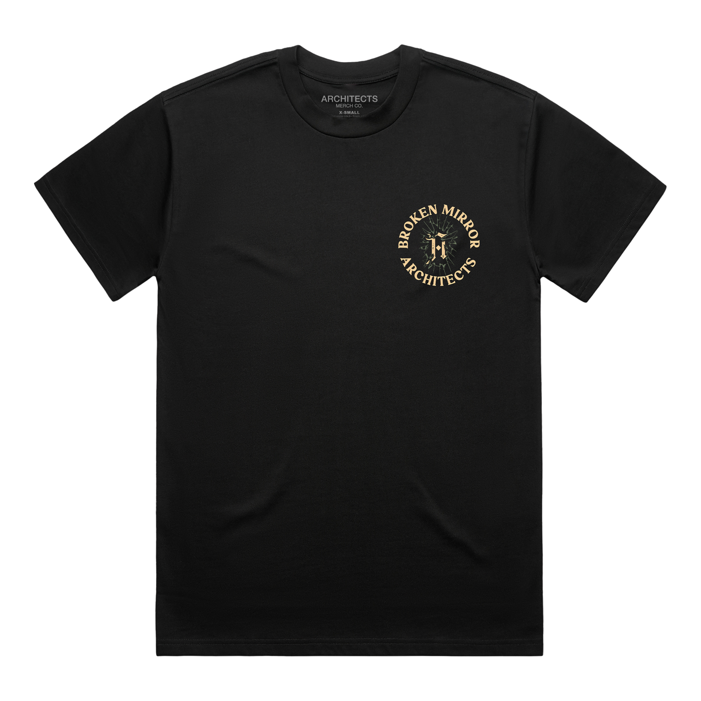 Black T-shirt with a round ‚ÄòBroken Mirror Architect‚Äô logo across the right-hand side of the chest.