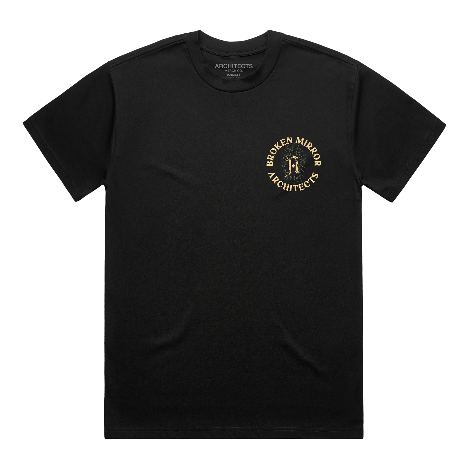 Black T-shirt with a round ‚ÄòBroken Mirror Architect‚Äô logo across the right-hand side of the chest.