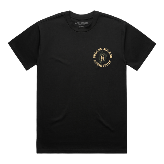 Black T-shirt with a round ‚ÄòBroken Mirror Architect‚Äô logo across the right-hand side of the chest.