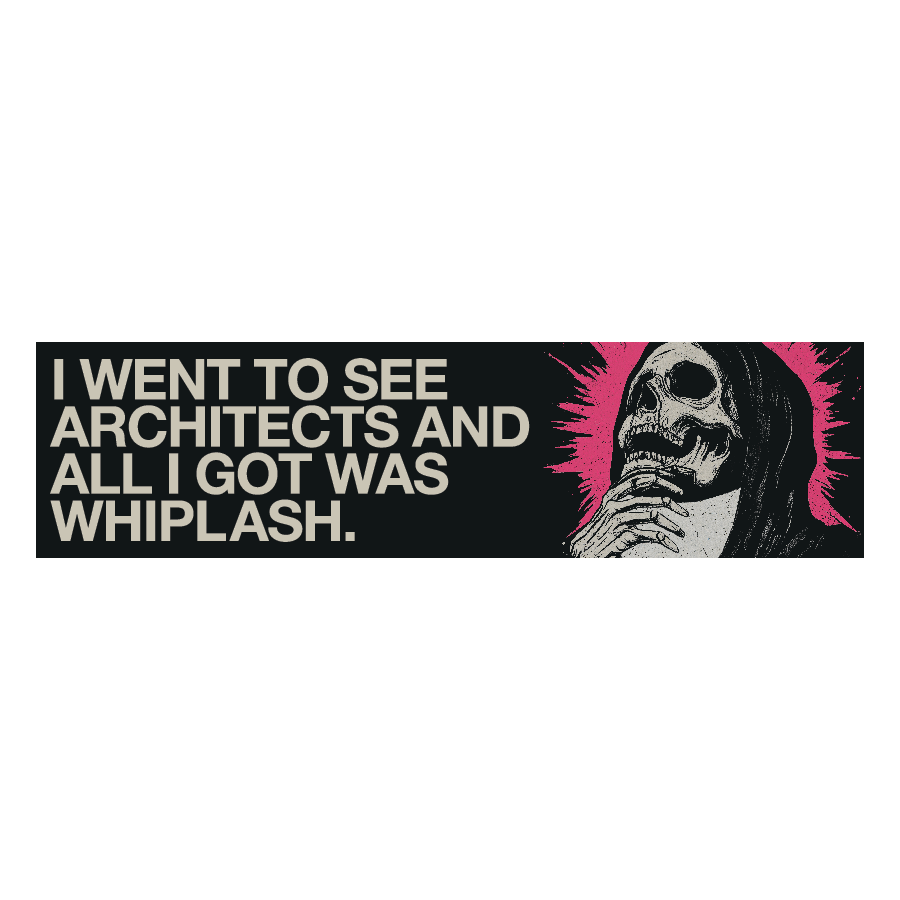 Bumper Sticker with Skull and 'I went to see Architects and all I got was Whiplash' design