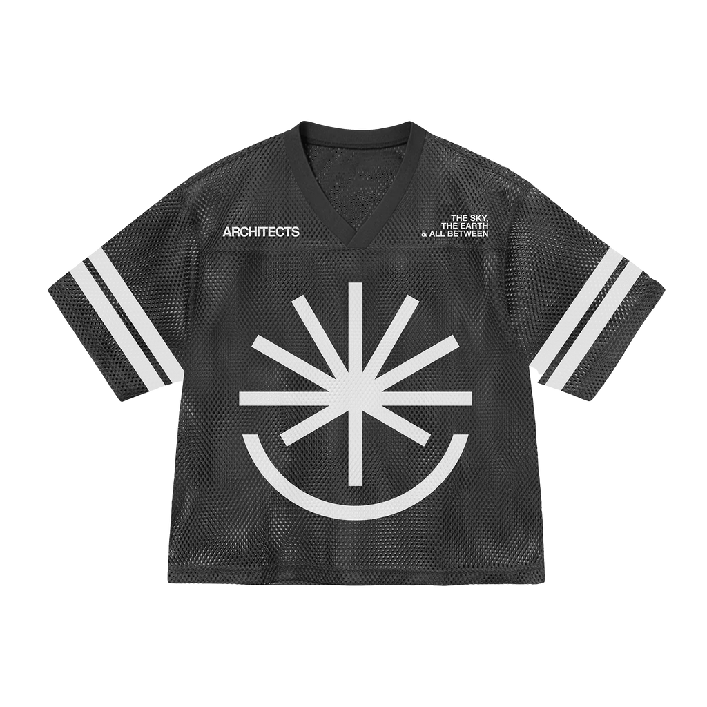 Black hockey jersey with white 'The Sky, The Earth and All Between' logo across the front