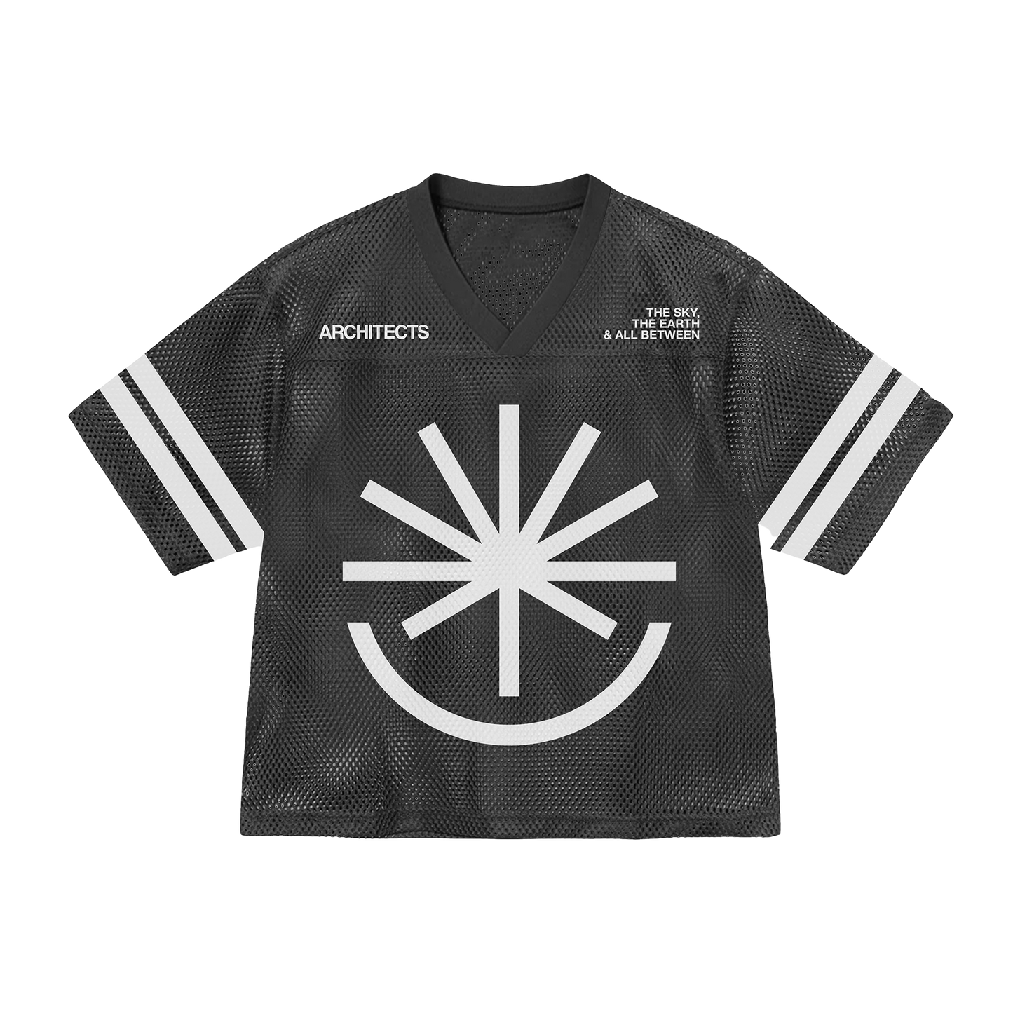 Black hockey jersey with white 'The Sky, The Earth and All Between' logo across the front