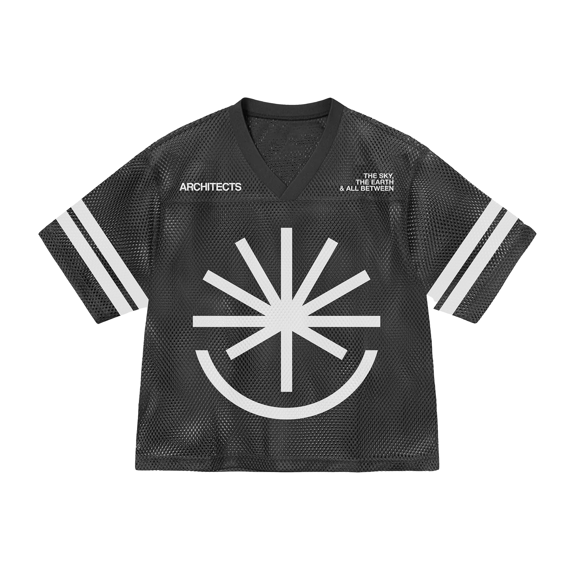 Black hockey jersey with white 'The Sky, The Earth and All Between' logo across the front