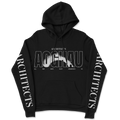 Front view of a black hoodie featuring a small white ‘Architects’ print at the top, with larger ‘AOGHAU’ text below. The letters have white outlines and contain a solar eclipse image inspired by the artwork from Architects’ All Our Gods Have Abandoned Us. A very small ‘All Our Gods Have Abandoned Us’ text is printed underneath. Both sleeves feature ‘Architects’ text running along them