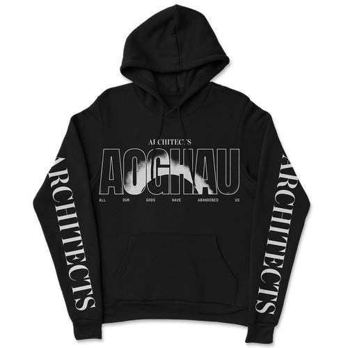 Front view of a black hoodie featuring a small white ‘Architects’ print at the top, with larger ‘AOGHAU’ text below. The letters have white outlines and contain a solar eclipse image inspired by the artwork from Architects’ All Our Gods Have Abandoned Us. A very small ‘All Our Gods Have Abandoned Us’ text is printed underneath. Both sleeves feature ‘Architects’ text running along them