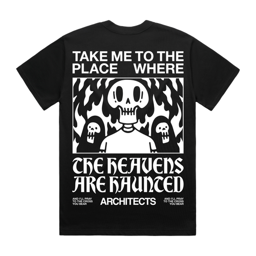 Black T-shirt showing a bold skull print across the back, with the phrase 'Take me to the place where' above the graphic and 'The Heavens are hunted beneath it.'