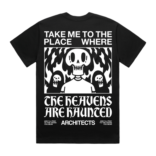 Black T-shirt showing a bold skull print across the back, with the phrase 'Take me to the place where' above the graphic and 'The Heavens are hunted beneath it.'