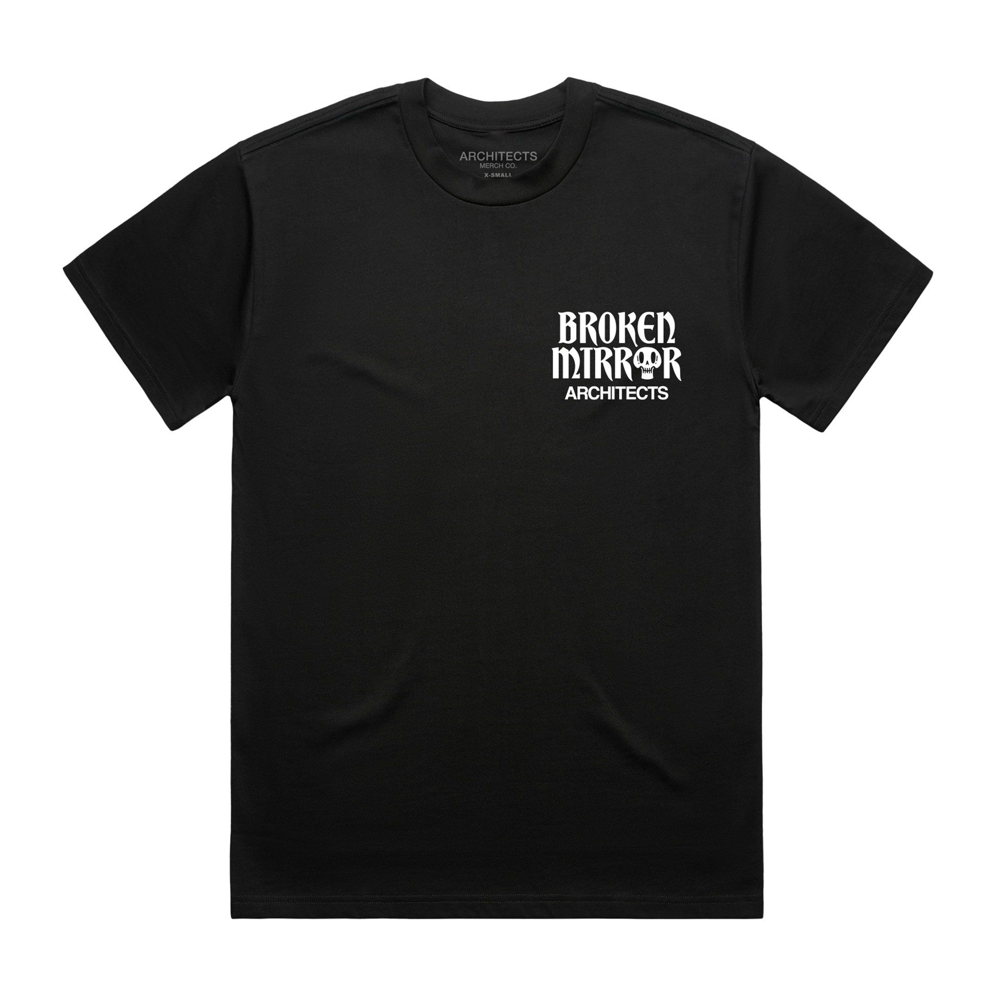 Black t-shirt with 'Broken Mirror Architects' print across the front