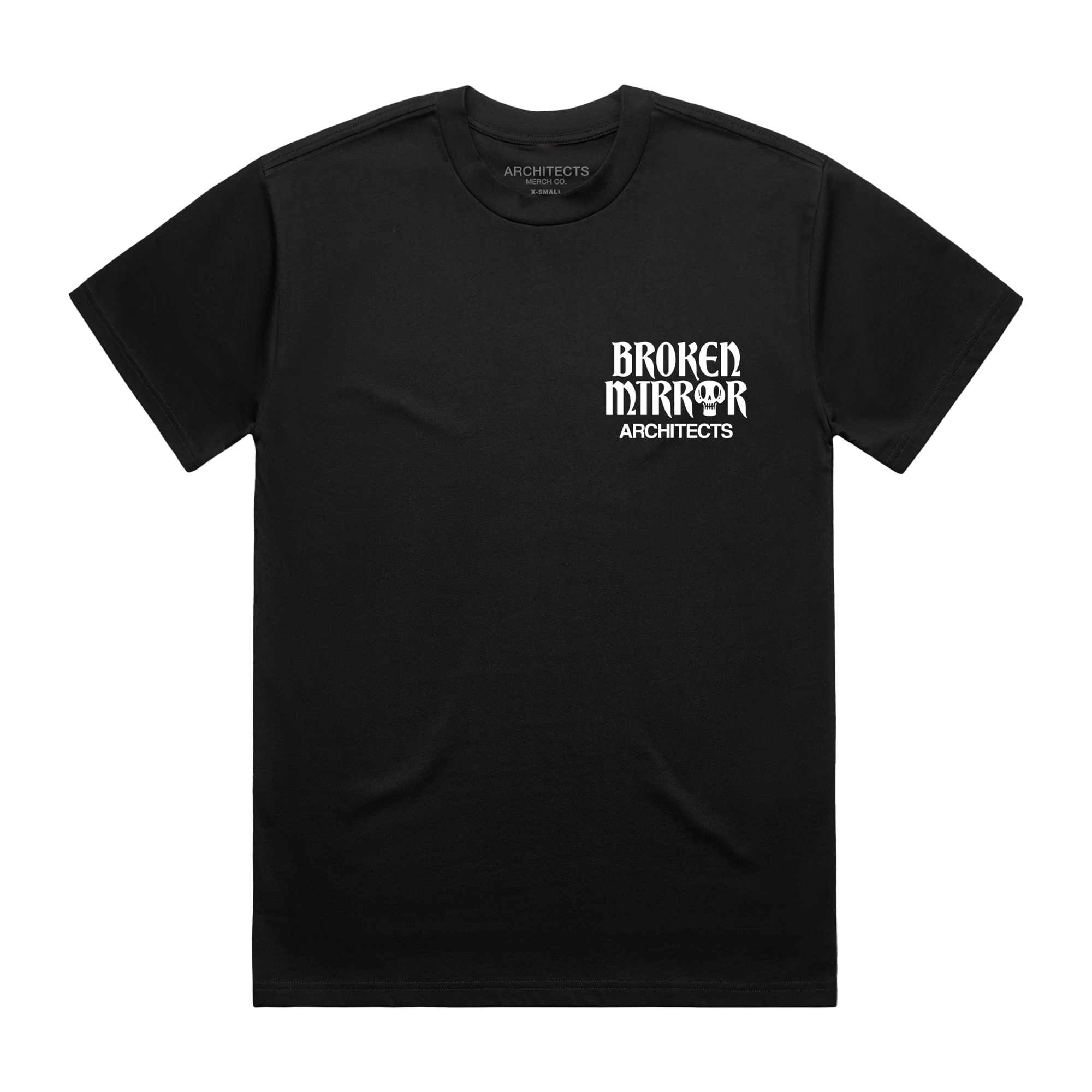 Black t-shirt with 'Broken Mirror Architects' print across the front