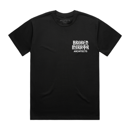 Black t-shirt with 'Broken Mirror Architects' print across the front