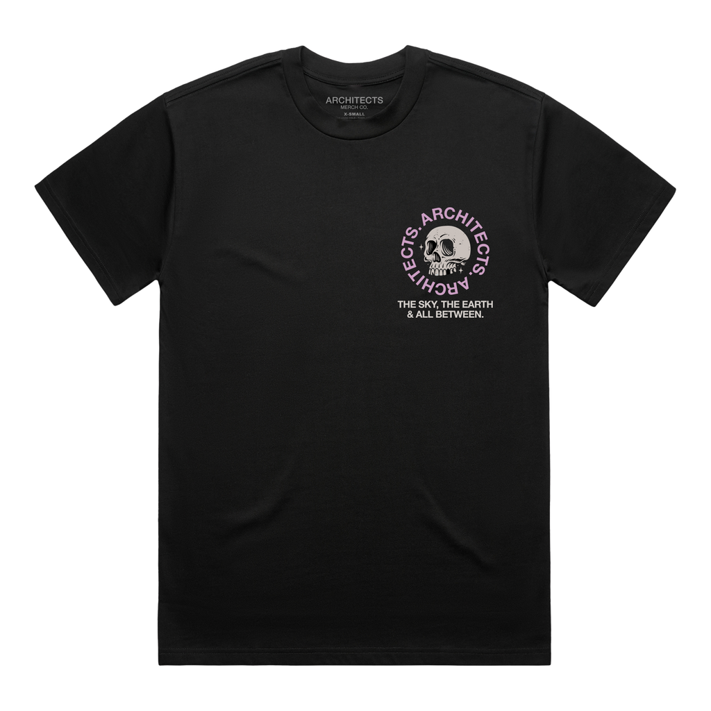 Black short-sleeve t-shirt with a skull graphic on the right side of the chest, surrounded by pink ‚ÄúArchitects‚Äù text, and white text underneath that reads ‚ÄúThe Sky, The Earth & All Between.‚Äù