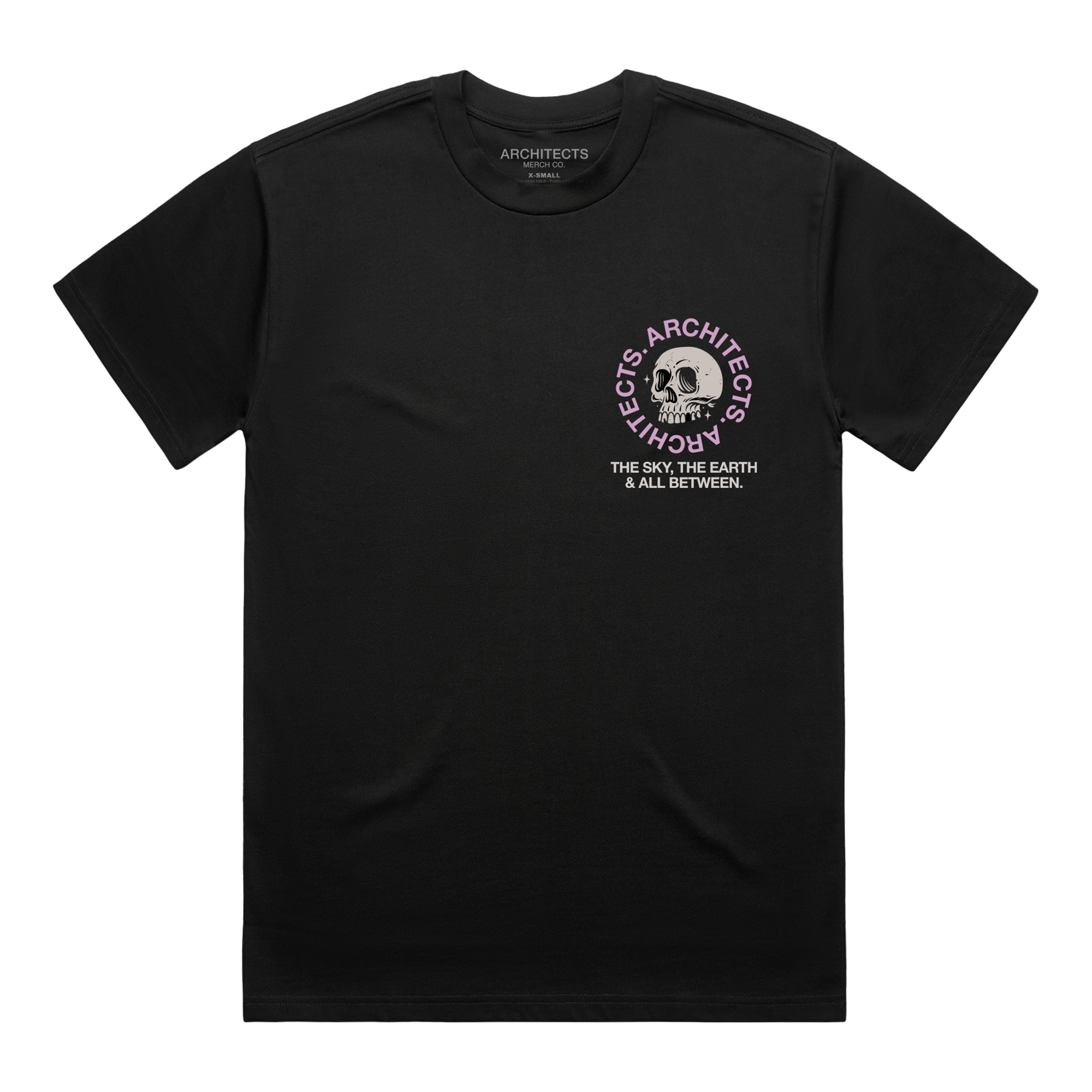 Black short-sleeve t-shirt with a skull graphic on the right side of the chest, surrounded by pink ‚ÄúArchitects‚Äù text, and white text underneath that reads ‚ÄúThe Sky, The Earth & All Between.‚Äù