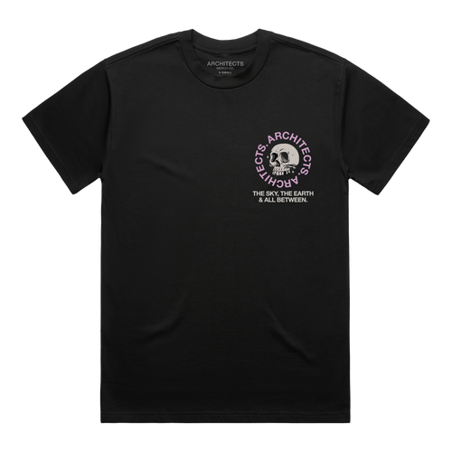 Black short-sleeve t-shirt with a skull graphic on the right side of the chest, surrounded by pink ‚ÄúArchitects‚Äù text, and white text underneath that reads ‚ÄúThe Sky, The Earth & All Between.‚Äù