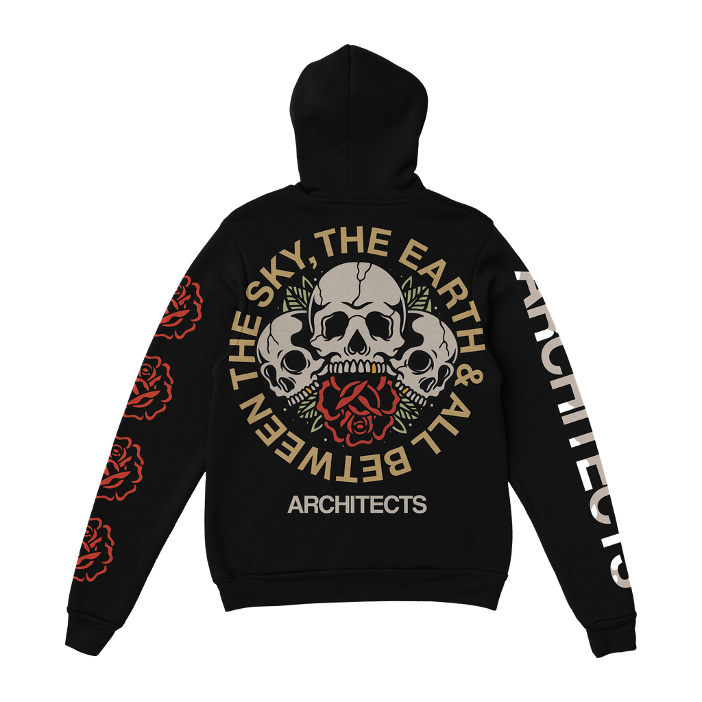 Black hoodie with Architects ‚ÄòThe Sky, The Earth & All Between‚Äô skull and rose print on the back.