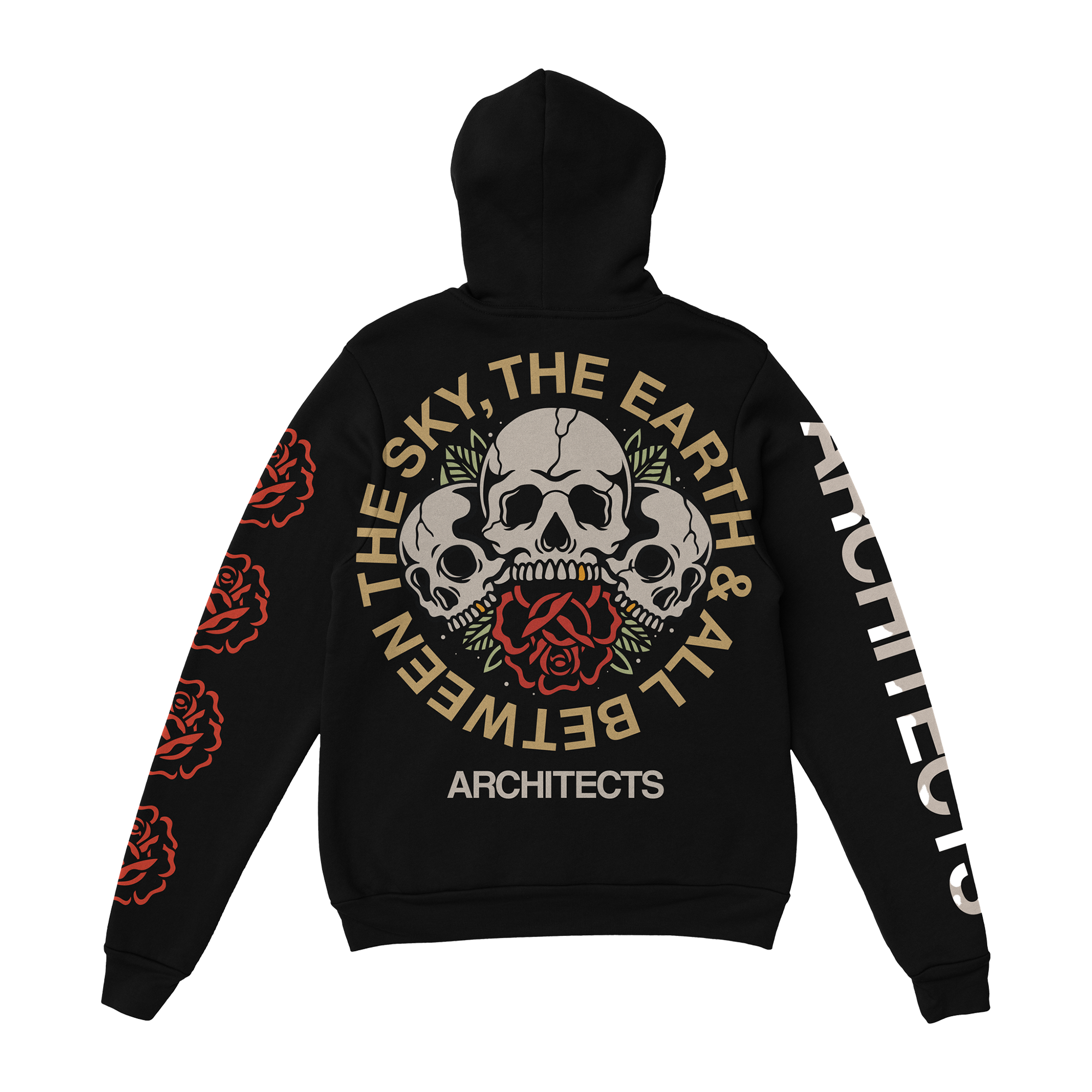 Black hoodie with Architects ‚ÄòThe Sky, The Earth & All Between‚Äô skull and rose print on the back.