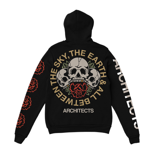 Black hoodie with Architects ‚ÄòThe Sky, The Earth & All Between‚Äô skull and rose print on the back.