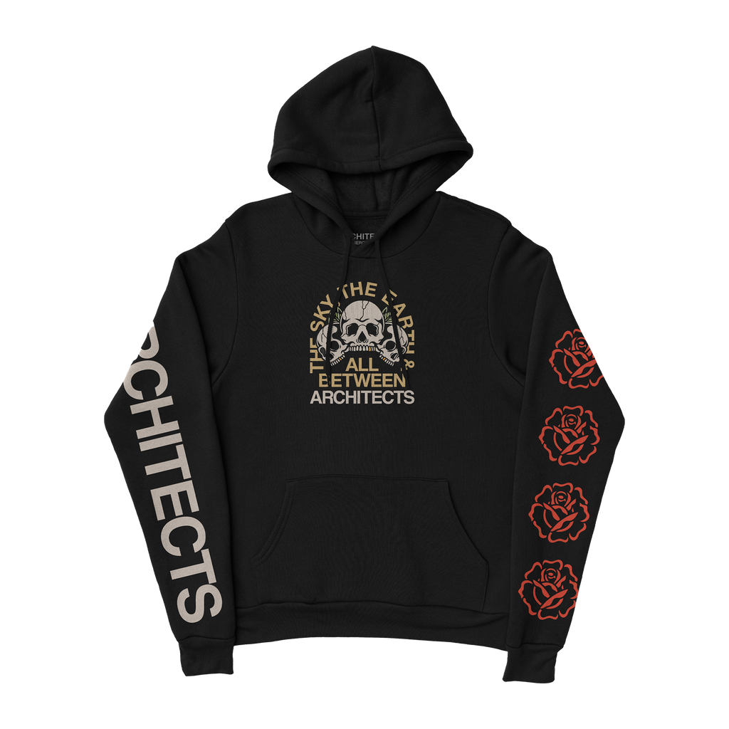 Black hoodie featuring a ‚ÄòThe Sky, The Earth & All Between‚Äô skull design on the front, red roses along the left sleeve, and white ‚ÄòArchitects‚Äô text down the right arm.