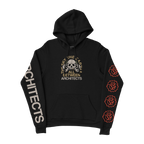 Black hoodie featuring a ‚ÄòThe Sky, The Earth & All Between‚Äô skull design on the front, red roses along the left sleeve, and white ‚ÄòArchitects‚Äô text down the right arm.