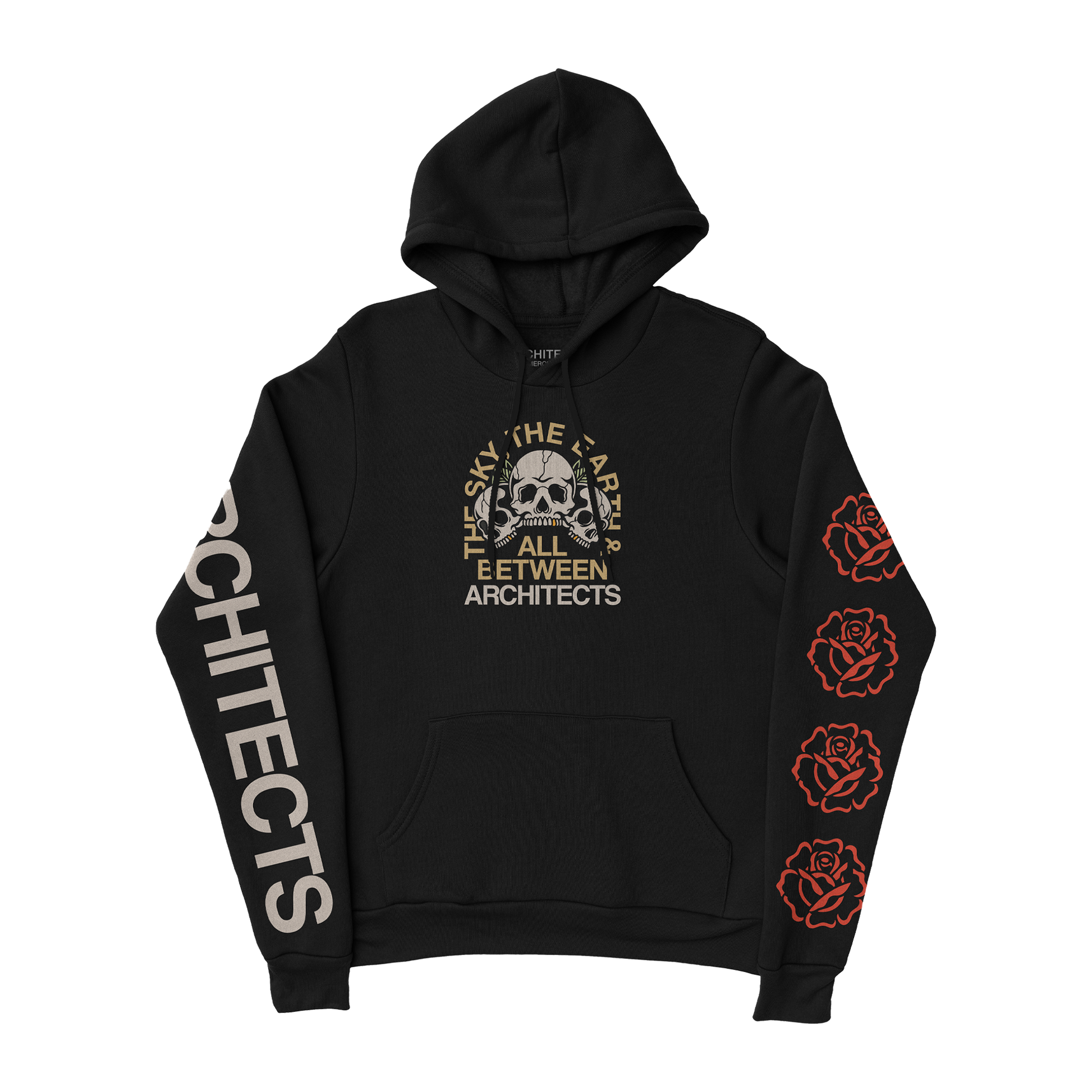 Black hoodie featuring a ‘The Sky, The Earth & All Between’ skull design on the front, red roses along the left sleeve, and white ‘Architects’ text down the right arm.