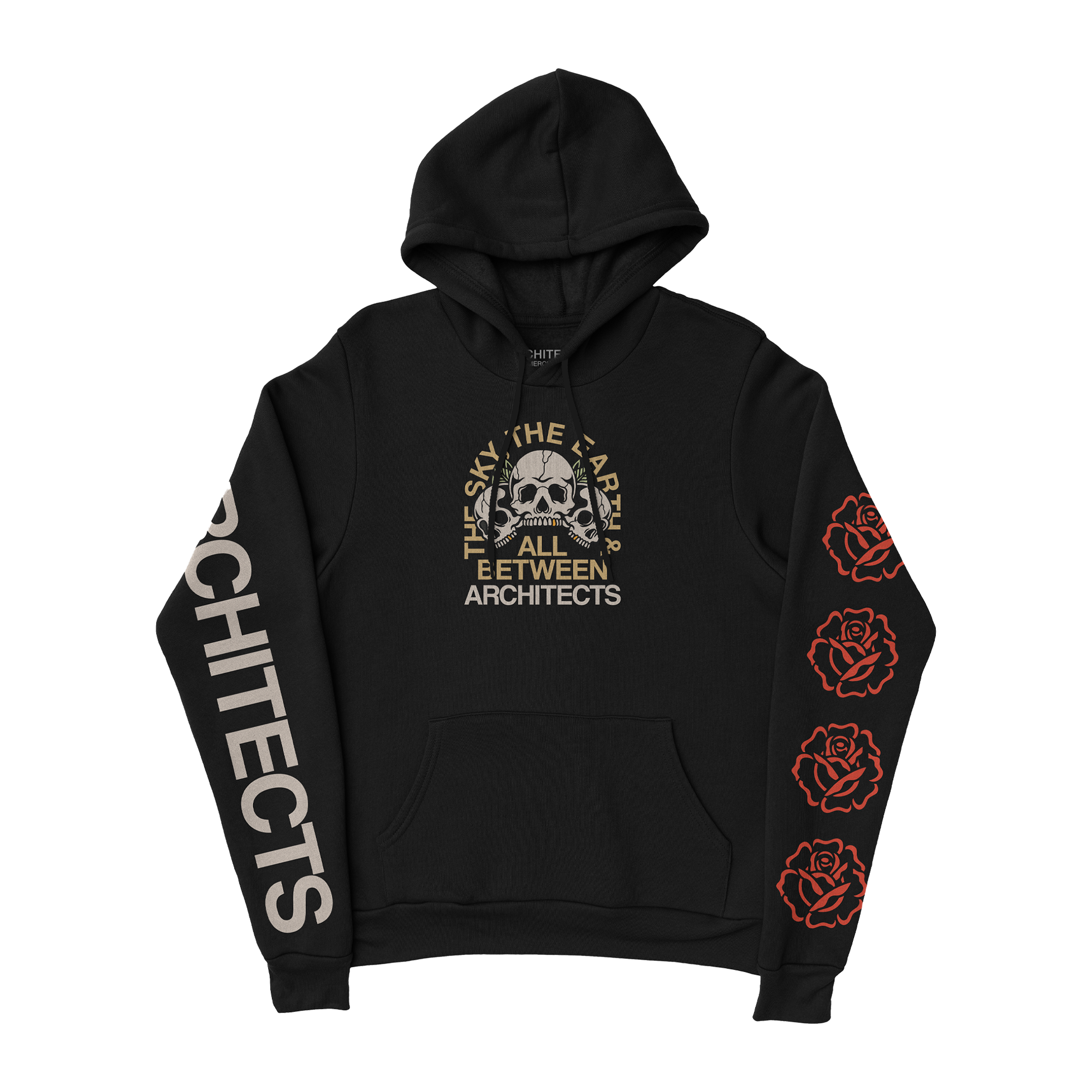 Black hoodie featuring a ‚ÄòThe Sky, The Earth & All Between‚Äô skull design on the front, red roses along the left sleeve, and white ‚ÄòArchitects‚Äô text down the right arm.