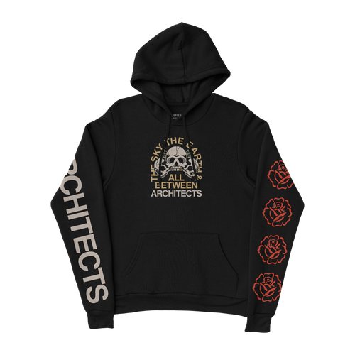 Black hoodie featuring a ‚ÄòThe Sky, The Earth & All Between‚Äô skull design on the front, red roses along the left sleeve, and white ‚ÄòArchitects‚Äô text down the right arm.