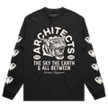 Black long-sleeve t-shirt with a tiger graphic across the center front, surrounded by text reading ‚ÄúArchitects, Est 2004, The Sky, The Earth & All Between.‚Äù Each sleeve features four diamond-shaped graphic prints running down the length.