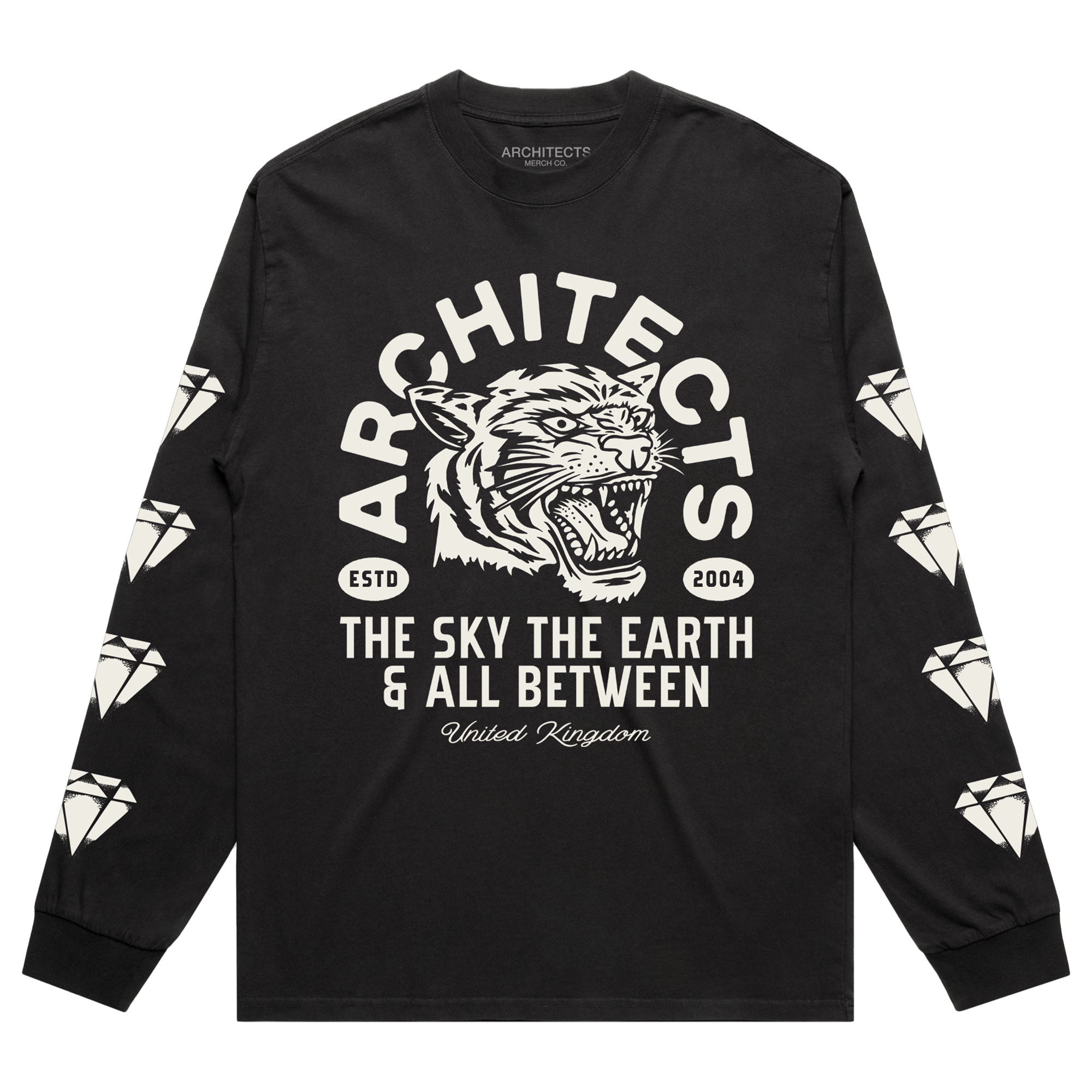 Black long-sleeve t-shirt with a tiger graphic across the center front, surrounded by text reading ‚ÄúArchitects, Est 2004, The Sky, The Earth & All Between.‚Äù Each sleeve features four diamond-shaped graphic prints running down the length.