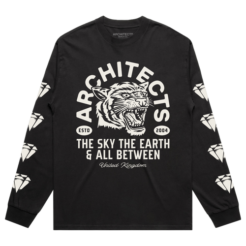 Black long-sleeve t-shirt with a tiger graphic across the center front, surrounded by text reading ‚ÄúArchitects, Est 2004, The Sky, The Earth & All Between.‚Äù Each sleeve features four diamond-shaped graphic prints running down the length.