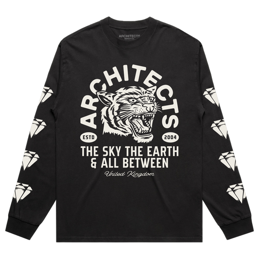 Black long-sleeve t-shirt with a tiger graphic across the center front, surrounded by text reading “Architects, Est 2004, The Sky, The Earth & All Between.” Each sleeve features four diamond-shaped graphic prints running down the length.